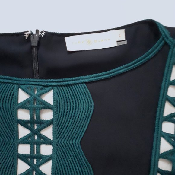 Tory Burch Navy Blue Green and White Silk Blouse - Picture 9 of 14